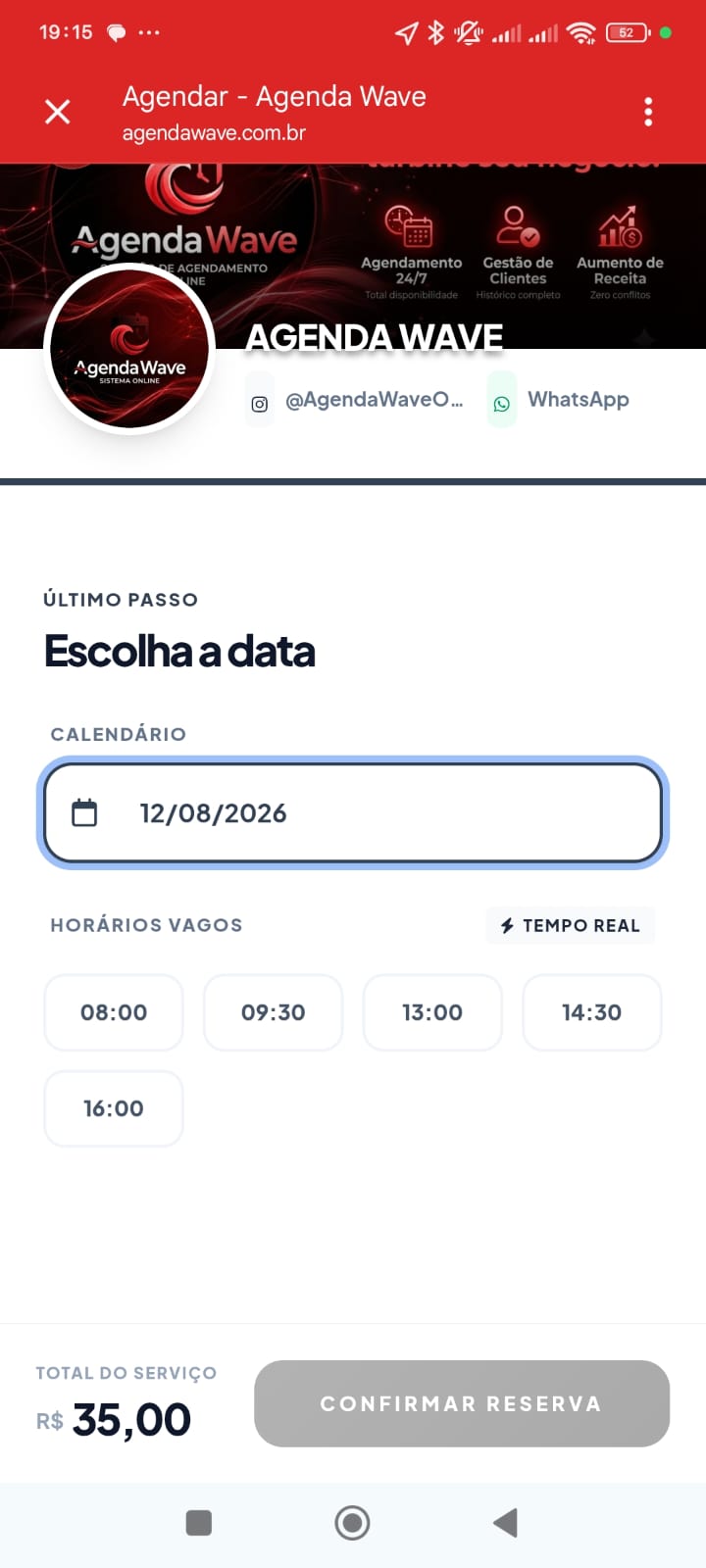 Página pública de agendamento no celular do cliente