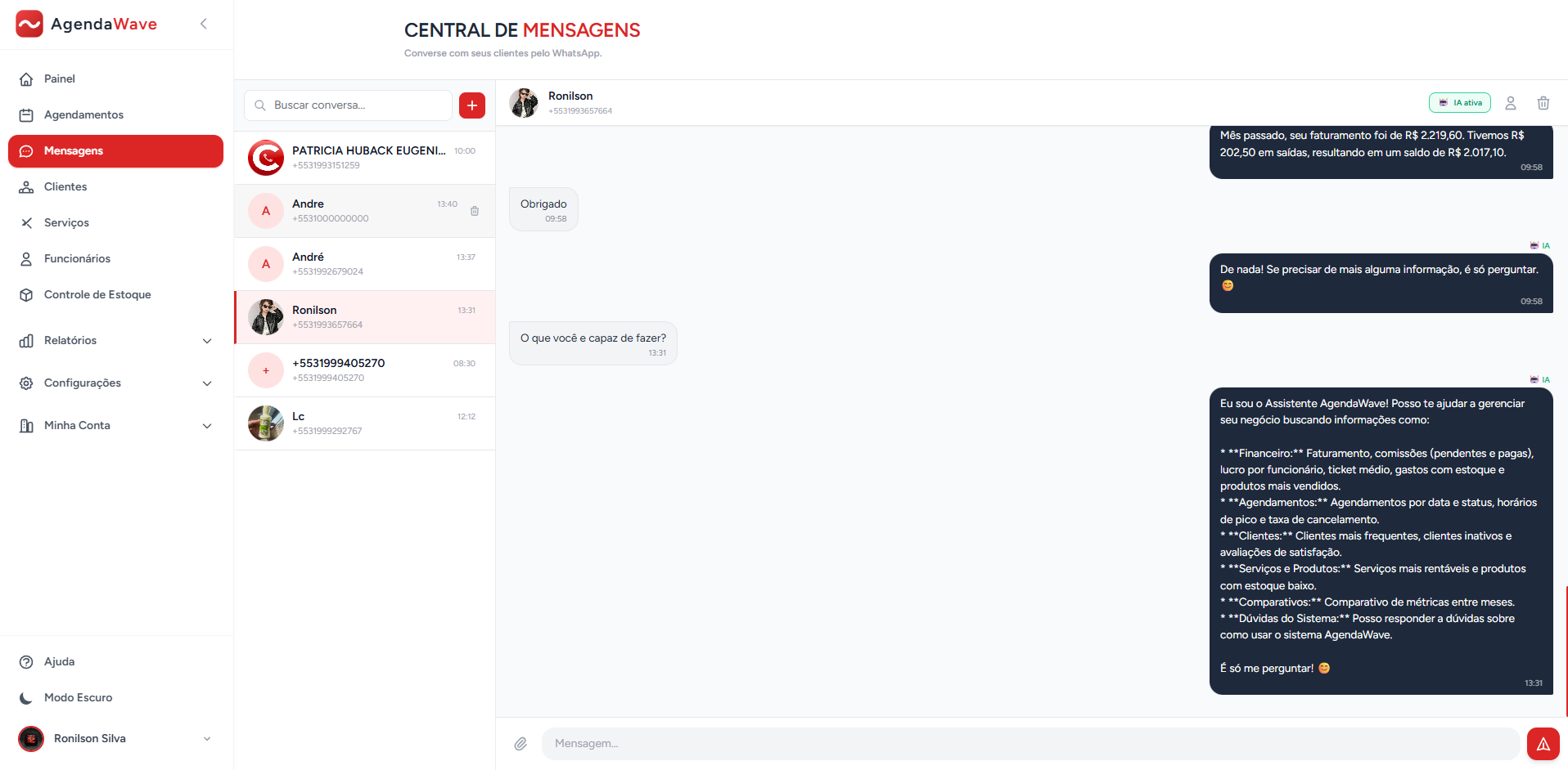 Tela de chat com histórico de conversas dos clientes