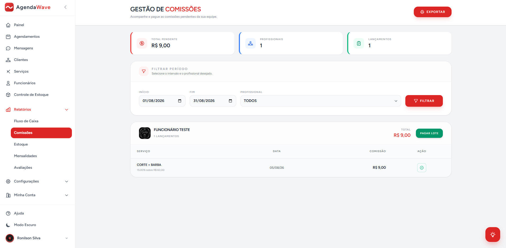 Tela de comissões da equipe calculadas automaticamente
