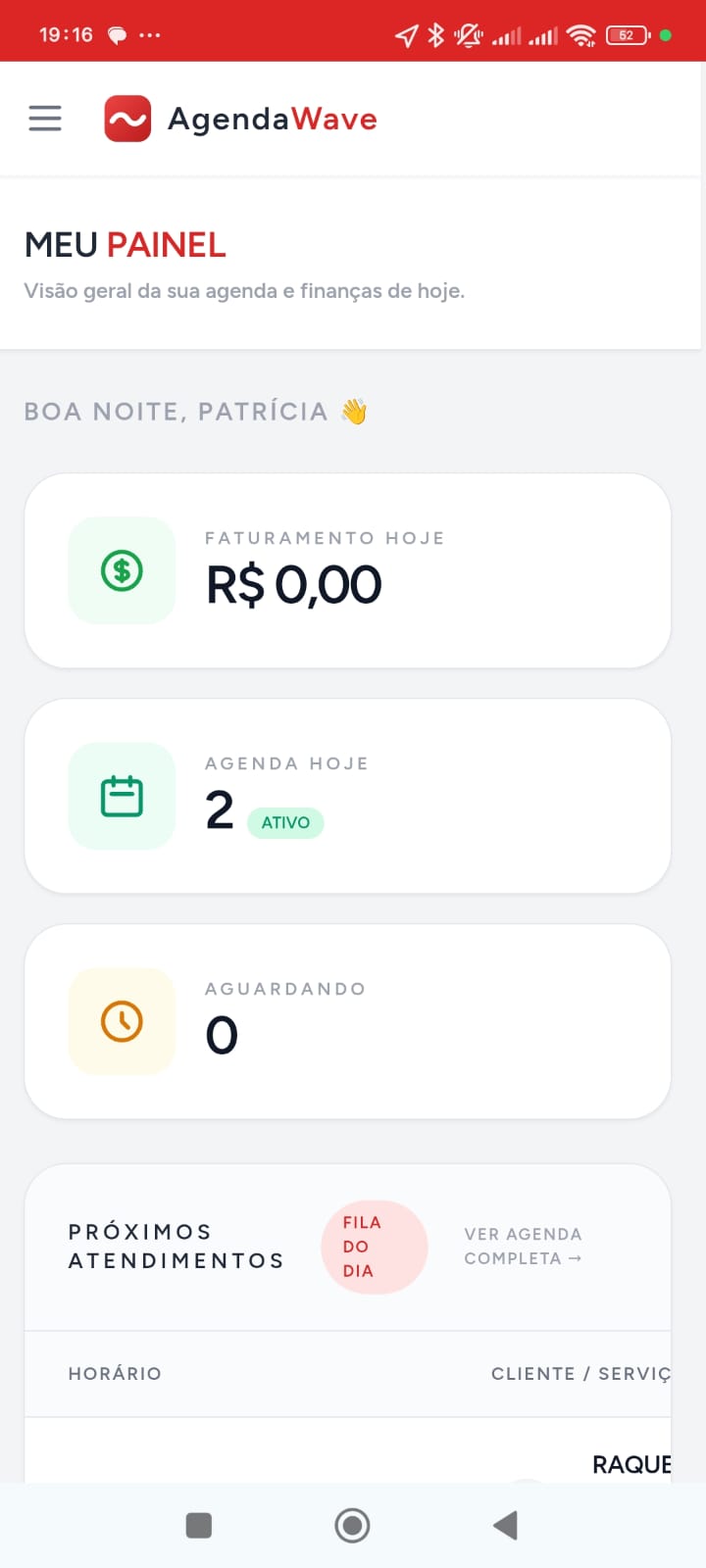 Painel do AgendaWave aberto no celular