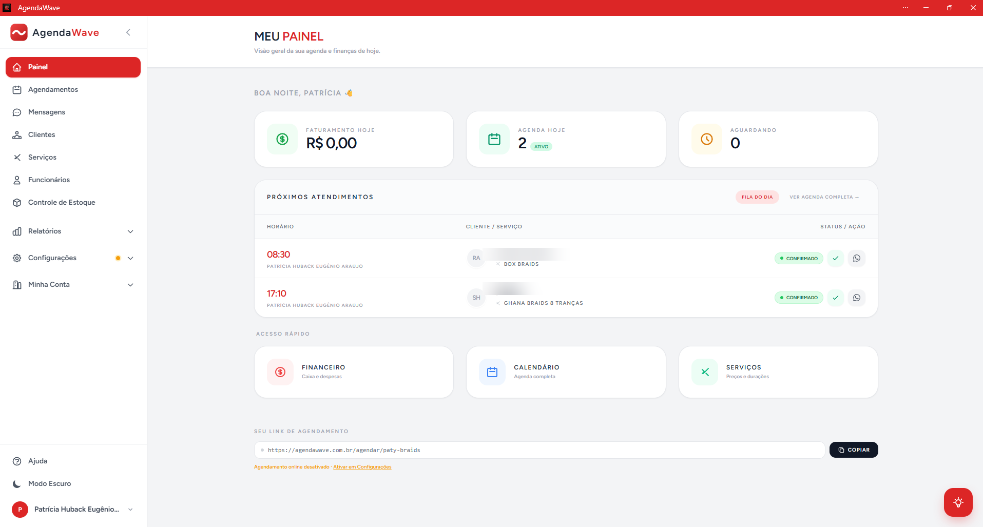 Painel principal do AgendaWave, com faturamento do dia e próximos atendimentos