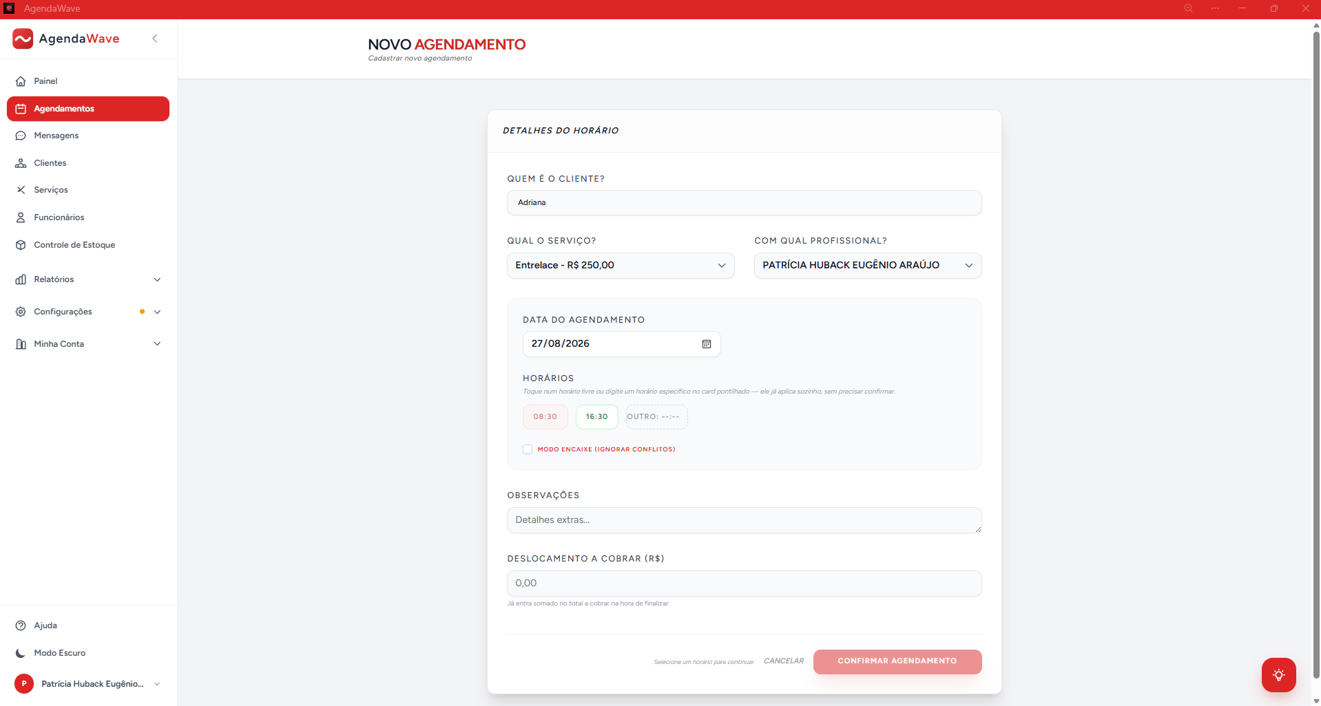 Tela de novo agendamento com grade de horários disponíveis