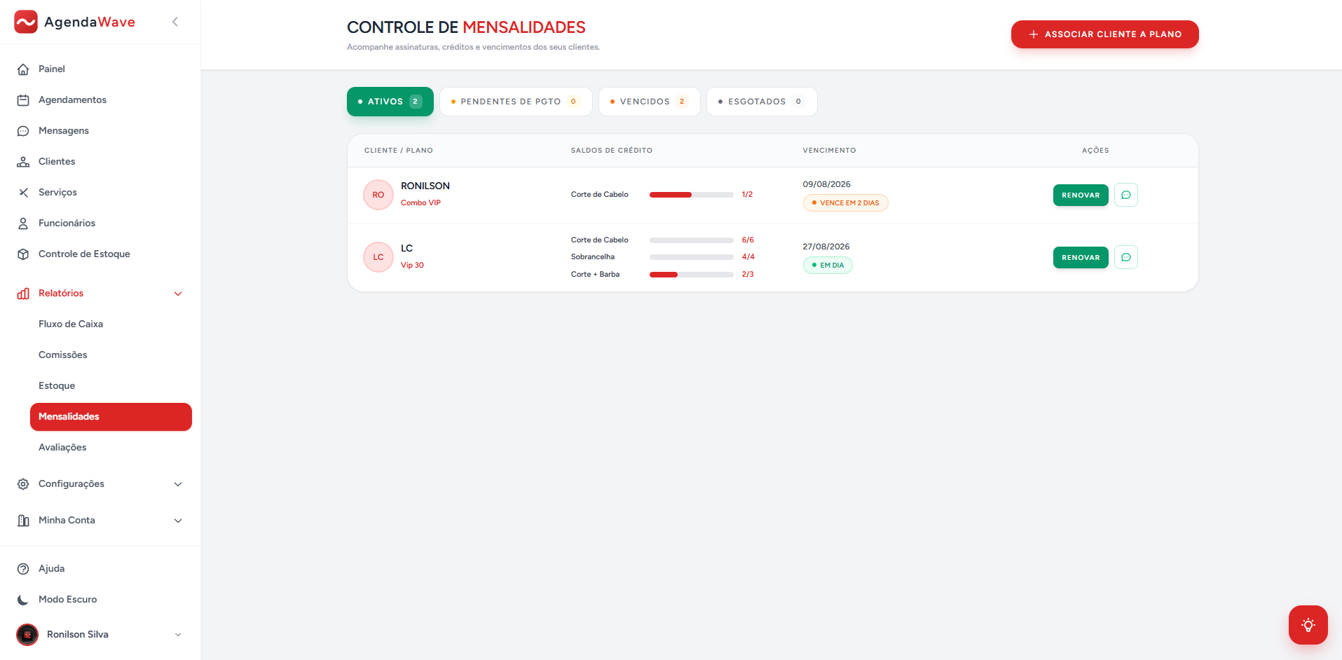 Tela de planos recorrentes e pacotes de crédito
