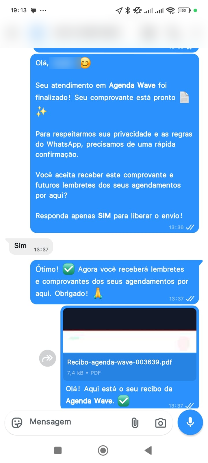 Conversa real de WhatsApp: lembrete e comprovante automáticos enviados pelo AgendaWave